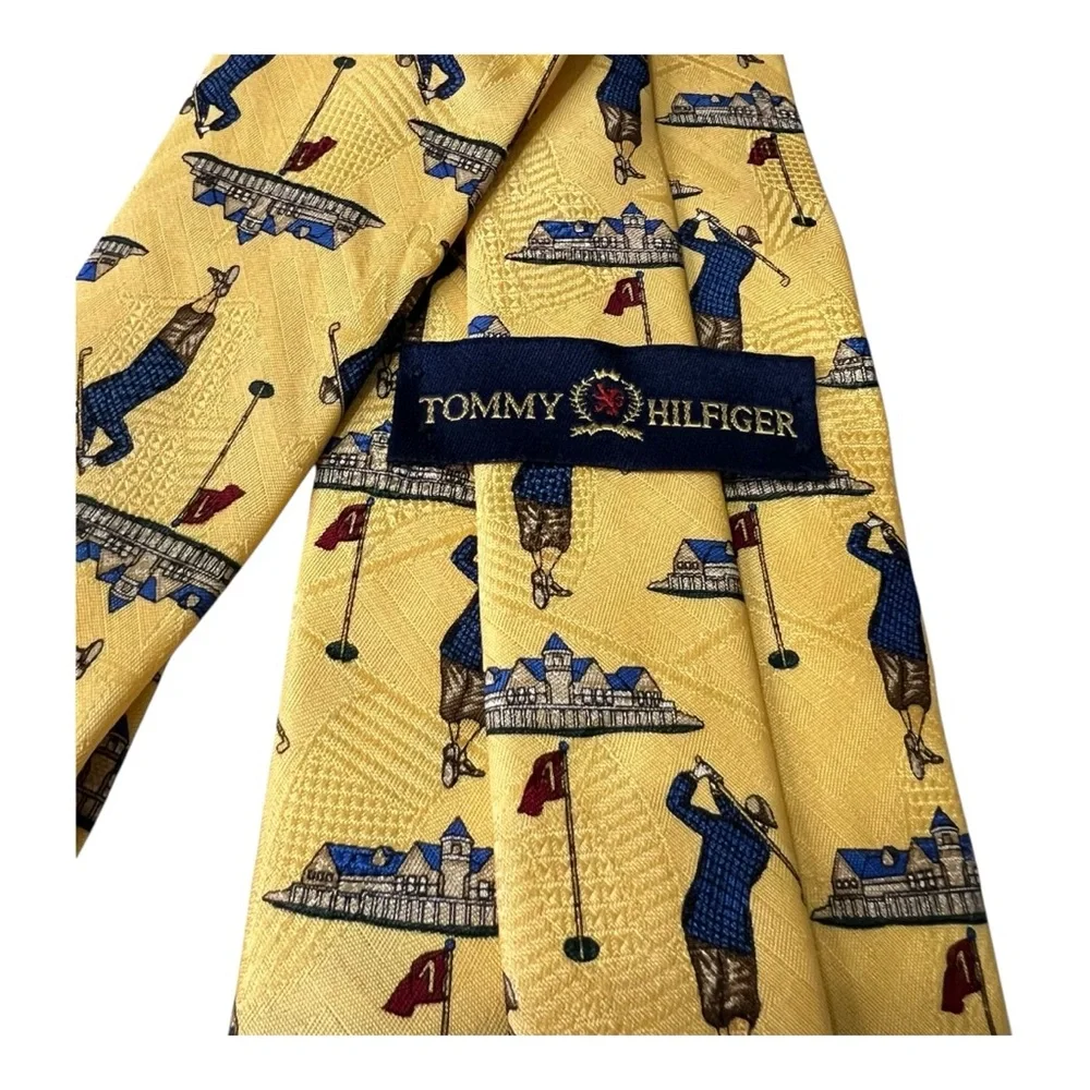Tommy Hilfiger Yellow Silk Golf Necktie Tie 60” Long 4” Wide